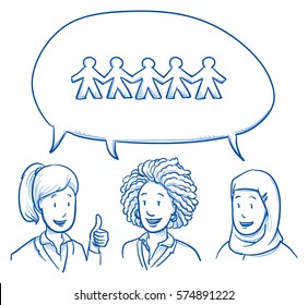 Group of three of different ethnic groups smiling talking of solidarity with positive expressions, emotions and gestures in business clothes. Hand drawn line art cartoon vector illustration.