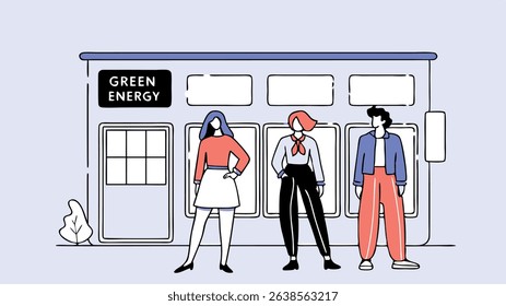 Group of three diverse individuals standing confidently in front of a green energy store, showcasing modern fashion and promoting sustainability in an urban environment