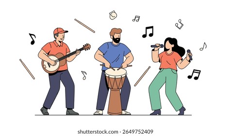 A group of three diverse musicians performing together with instruments and singing creating a vibrant musical atmosphere with notes floating around them