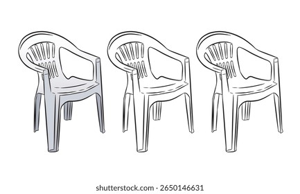 Grupo de três desenhos de cadeiras de plástico, peça de mobiliário popular no Brasil em bares e pubs. Isolado em um fundo branco.