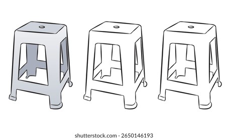Grupo de três desenhos de fezes plásticas, peça de mobiliário popular no Brasil. Isolado em um fundo branco.