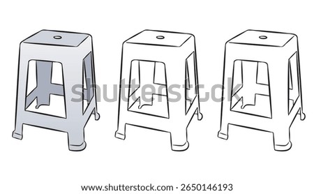 Group of three drawings of plastic stools, a popular piece of furniture in Brazil. Isolated on a white background.