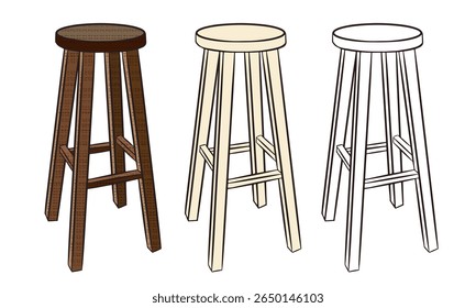 Grupo de três desenhos de banqueta de madeira, peça de mobiliário popular no Brasil. Isolado no fundo branco.
