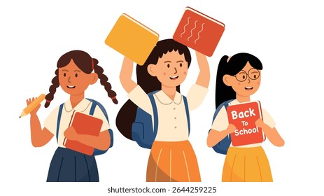 A group of three enthusiastic girls holding colorful books and backpack
