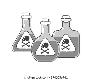 Group of three forms bottle poison with skull in profile for concept design. Dangerous container. Potion beverage medical concept. Chemistry addiction icon. Danger symbol. Isolated flat illustration.

