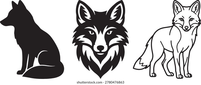 Group of three fox images featuring a sitting black silhouette, a detailed graphic face, and a standing outline fox.