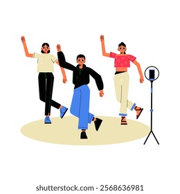 Group Of Three Friends Dancing With Tripod Microphone Setup, In Flat Vector Illustration Symbolizing Performance, Creativity, And Social Fun, Isolated On White Background.