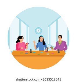 A group of three friends gathered at a table, enjoying a casual and fun card game. Cheerful expressions capturing the spirit of friendship and leisure. Men and women playing game concept.