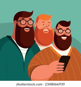 Group of three friends take a selfie and laugh. Friendship. Fat men Vector illustration. Flat style