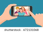 Group of three friends taking a photo with a smartphone. Taking a selfie. Friendship concept. Vector illustration.