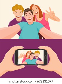 Group of three friends taking a photo with a smartphone. Taking a selfie. Friendship concept. Vector illustration