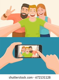 Group of three friends taking a photo with a smartphone. Taking a selfie. Friendship concept. Vector illustration.