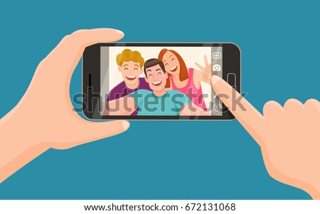 Group of three friends taking a photo with a smartphone. Taking a selfie. Friendship concept. Vector illustration.