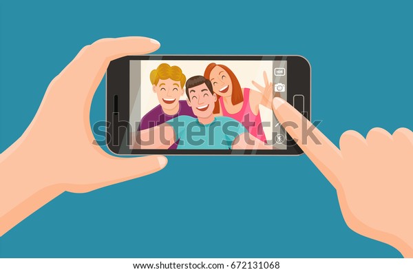 3人の友人のグループがスマートフォンで写真を撮っています 自撮り 友情のコンセプト ベクターイラスト のベクター画像素材 ロイヤリティフリー
