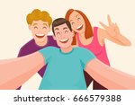 Group of three friends taking a selfie and laughing. Friendship and youth concept. Vector illustration.