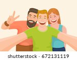 Group of three friends taking a selfie. Friendship and youth concept. Vector illustration.