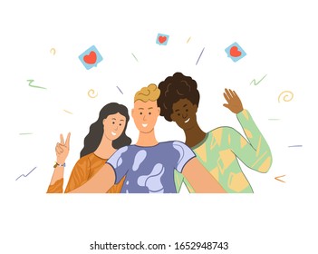Group of three friends taking a selfie in trendy clothes. Young smiling men and woman photographing themselves for social media networks. Horizontal vector cartoon flat illustration.