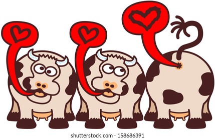 Group of three funny cows expressing their feelings about love by singing, one of them is turned back and showing its disappointment by farting a distorted musical note inside a speech balloon