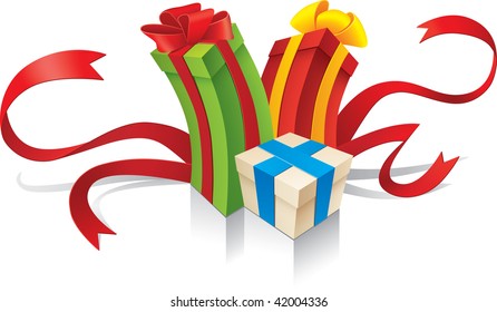 Group of three gift boxes with ribbons around them and colorfull bows. Great for birthday cards and other.