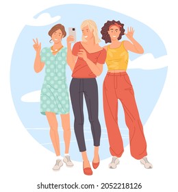 Group of three girls taking a selfie and laughing. Friendship and youth concept. Vector illustration.
