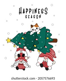 Group of Three Gnome carrying pine Christmas tree and cat, happiness season, merry Christmas and Happy New Year, cartoon hand drawn flat doodle