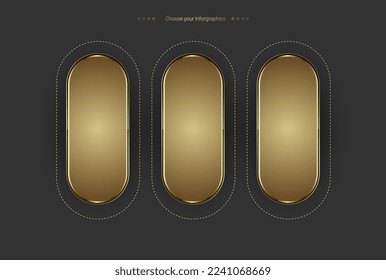 Group of three golden shapes vector and illustration design, set of 3 gold buttons and premium shapes for steps of works.