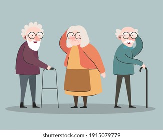 group of three grandparents using walker and cane characters vector illustration design