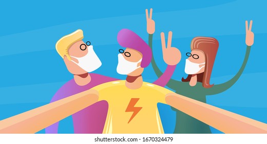 Group of three happy friends with anti virus breathing medical respiratory mask  taking a selfie on smartphone. 