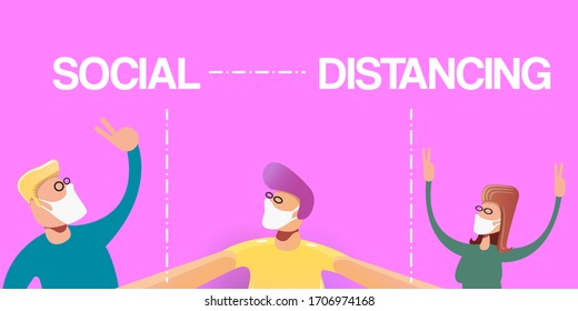 Group of three happy friends with anti virus breathing medical respiratory mask keep a social distance. Social distancing concept  horizontal banner.