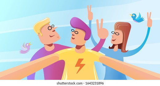 Group of three happy friends taking a selfie on smartphone and laughing. Best friends or Friendship concept illustration with Group Of Teenage Friends Outdoor