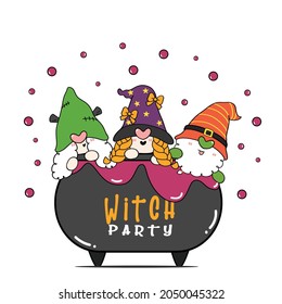 Group of three happy Halloween Witch gnome party in poison brew pot cauldron, flat cartoon character doodle outline 