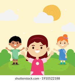 group of three happy interracial little children in the camp vector illustration design