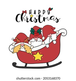 Group of Three happy smiling Christmas Gnome in Santa sleigh, cute cartoon doodle flat vector.