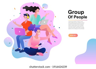 Group of three happy talking friends. Team of colleagues, students, happy men and women. Multinational society. Friendship, teamwork and cooperation. Vector flat illustration.