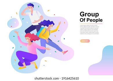 Group of three happy talking friends. Team of colleagues, students, happy men and women. Multinational society. Friendship, teamwork and cooperation. Vector flat illustration.