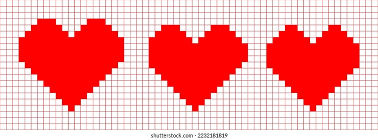 Group of three Heart shape icon. Pixel style. Vector illustration