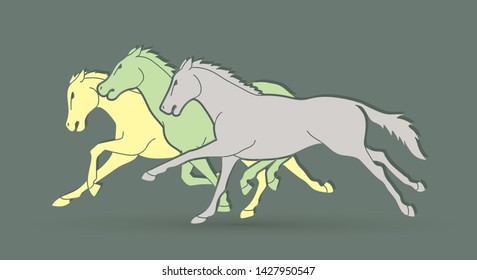 Group of three horses running cartoon graphic vector