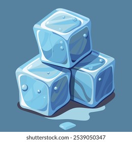Grupo de três cubos de gelo. Derretimento do gelo. Ilustração vetorial. Cartoon frio cristais azuis isolados sobre fundo azul. Ingrediente para bebidas e coquetéis frescos