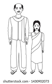 group of three indian wearing traditional hindu clothes woman with hiyab, man with moustache, glasses and a big necklace and man with moustache and bald wearing traditional hindu clothes profile