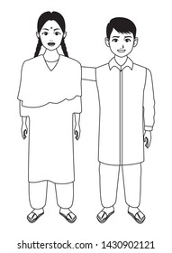 group of three indian wearing traditional hindu clothes woman with hiyab, man with moustache, glasses and a big necklace and man with moustache and bald wearing traditional hindu clothes profile