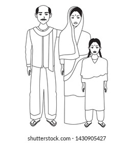 group of three indian wearing traditional hindu clothes woman with hiyab, man with moustache, glasses and a big necklace and man with moustache and bald wearing traditional hindu clothes profile