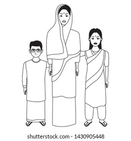 group of three indian wearing traditional hindu clothes woman with hiyab, man with moustache, glasses and a big necklace and man with moustache and bald wearing traditional hindu clothes profile