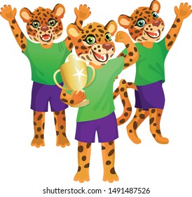 Group of three jaguars in uniform cheering on the soccer field with goblet