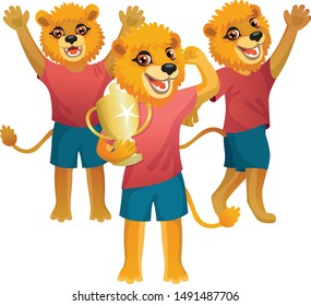 Group of three lions in uniform cheering on the soccer field with goblet