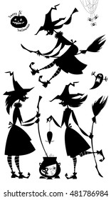 Group of three little conjuring witches. Witchcraft. Happy halloween. Black and white. Vector illustration