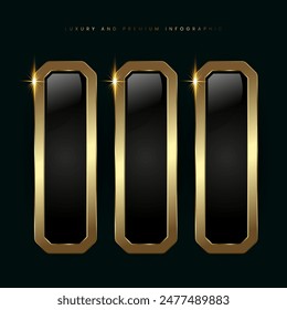 Group of three Luxury infographic buttons vector, illustration, 3 luxury stoked buttons in Vector template, and shiny gold optionand Premium button on a dark background