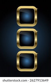 Group of three Luxury square button features a glossy black center with a radiant blue glow, encased in a smooth gold frame, illustration button design