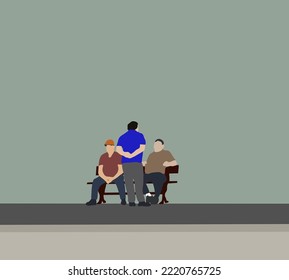 Group Of Three Man Friends Talking And Laughing On Bench In Public Park. People Relaxing In Nature.