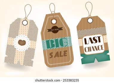 Group of three modern, hanging tags on bright background