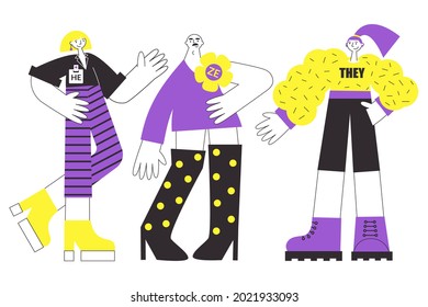 Group of three non-binary people in colours of NB flag (yellow, purple) talking. LGBTQ diversity and pride vector flat illustration concept. Genderqueer and genderfluid pronouns.